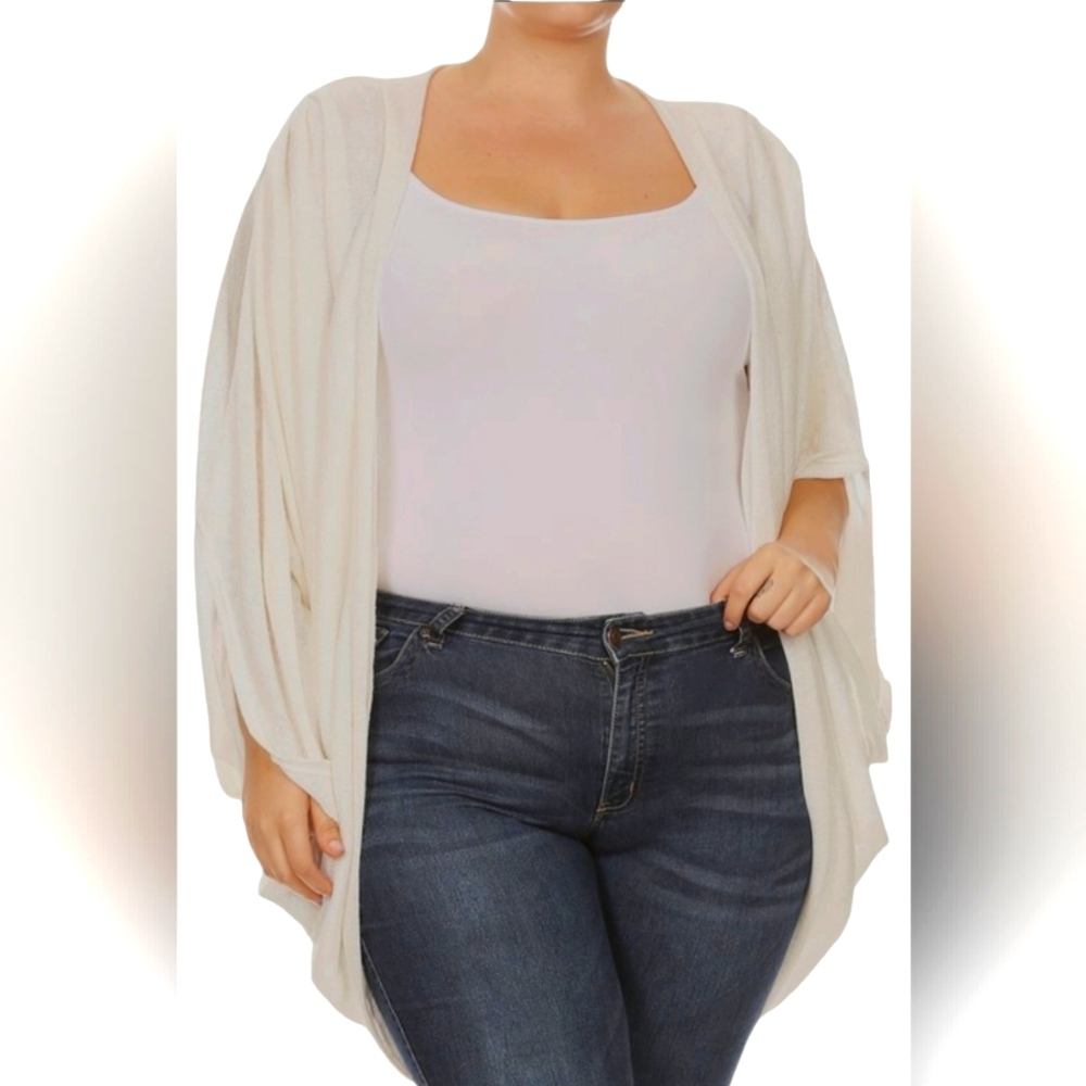 Curvaceous Open Cardigan w/ Kimono Sleeves - White